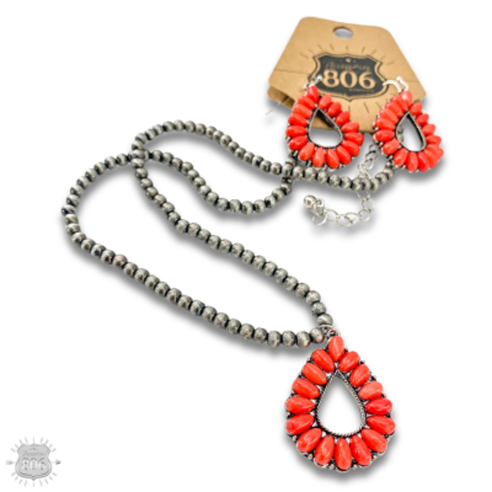 Coral and Silver Teardrop Jewelry Set